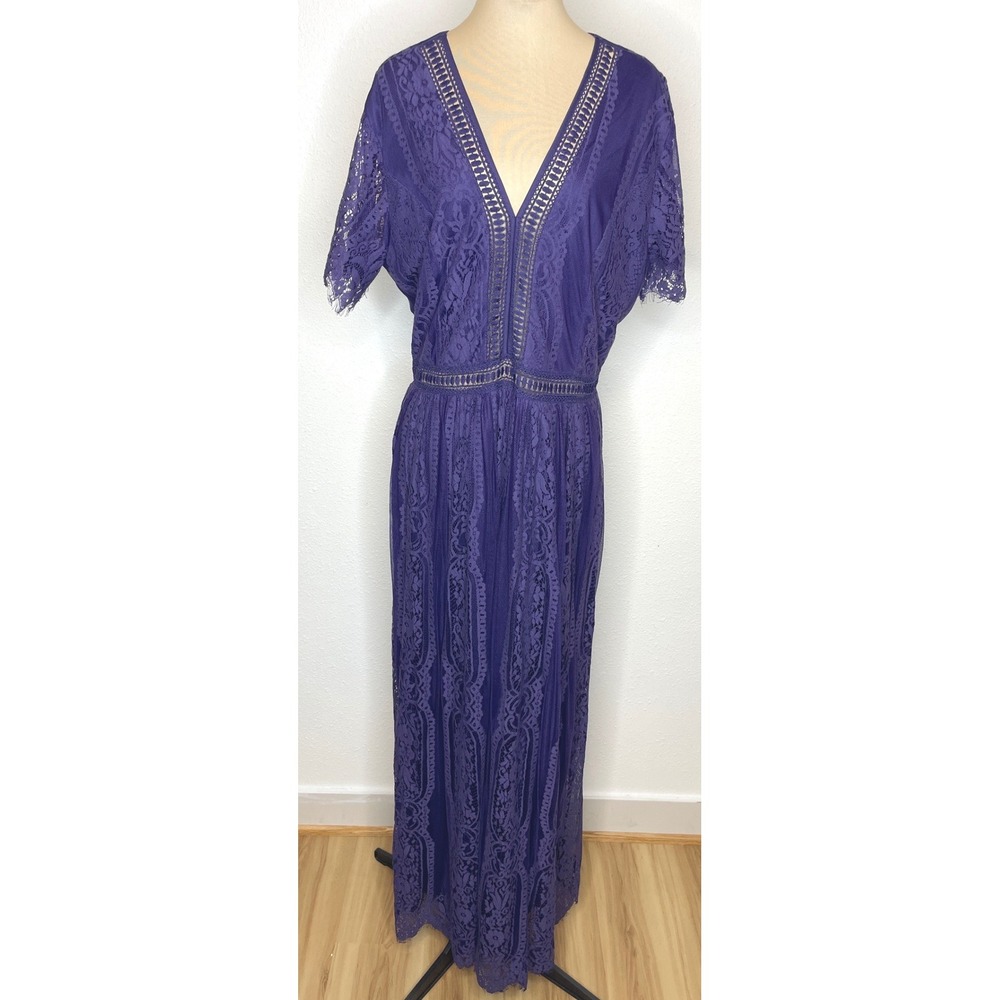 Womens Goth Maxi Dress‎ Lace V-Neck  2XL Purple